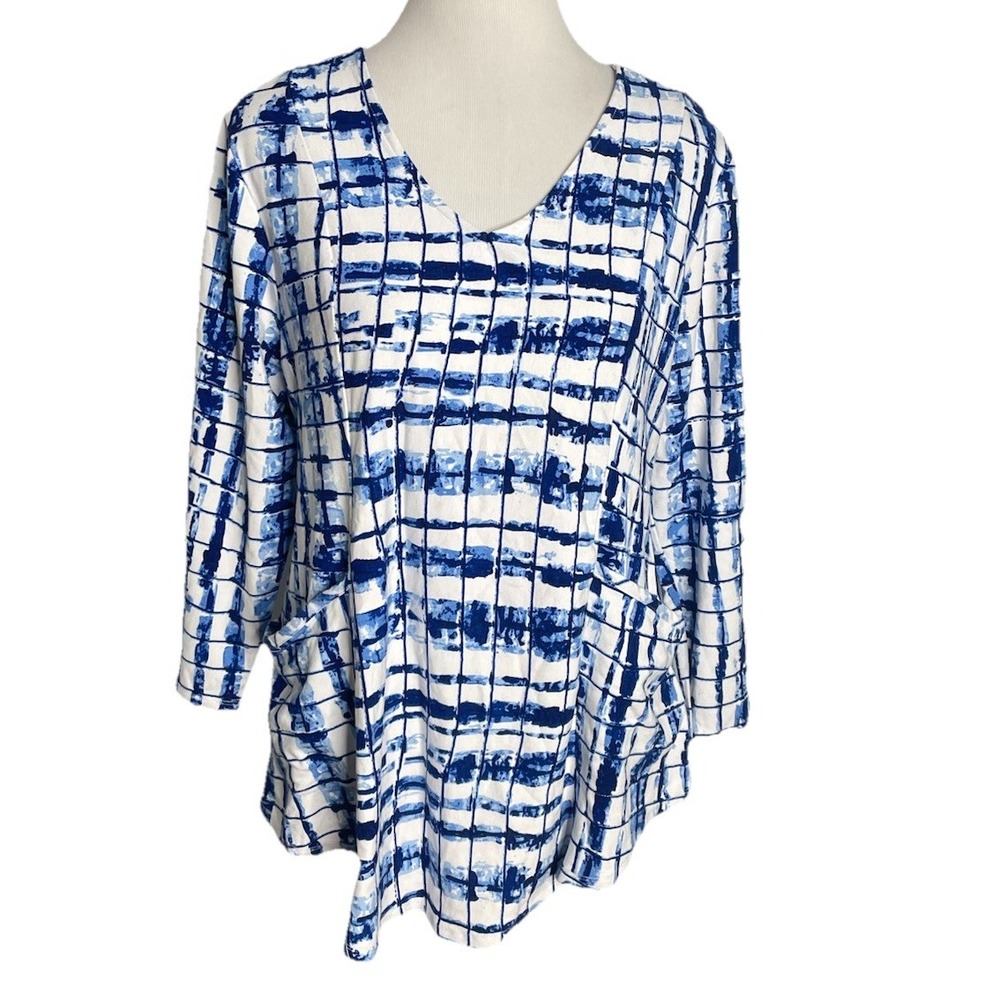 Habitat Clothes to Live In Top Tunic‎ Tee Blue & White Boxy Artsy  Lagenlook XL